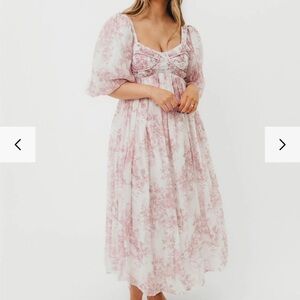 Pink Toile Midi Dress with Puff Sleeves Worth Collective